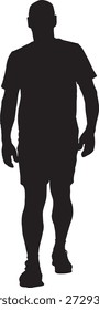 Vektor, Silhouette der Vorderansicht eines Mannes, der in Shorts, T-Shirt und Turnschuhen gekleidet ist, 