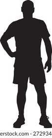 Vektor, Silhouette der Vorderansicht eines Mannes, der in Shorts gekleidet steht, T-Shirt und Turnschuhe und Arm akimbo