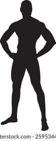 Vector; silueta de la vista frontal de un hombre musculoso brazos akimbo y mirando a la cámara