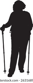  vetor; silhueta de uma vista frontal de alpinista sênior de pé olhando para a câmera