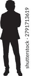 vector,  silhouette of front view of standing man dressed in jacket,arms crossed