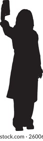 vector; silhouette of front view of standing woman taking selfie,