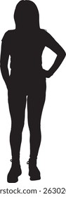 vector silhouette front view standing woman dressed in pleased pants,arm akimbo