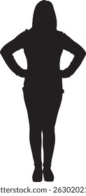 vector silhouette front view standing woman dressed in pleased pants, arms akimbo