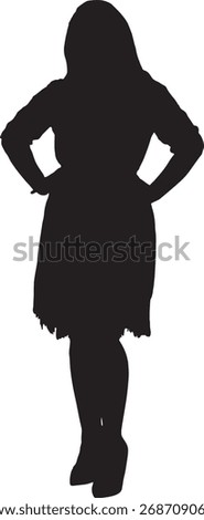  vector; silhouette of front view of a standing woman dressed in dress and high heel shoes, arms akimbo