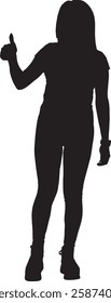 vector; silhouette; front view of a woman standing thumbs up;