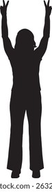 vector; silhouette front view woman with her arms raised showing the V sign
