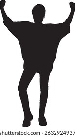 vector; silhouette front view  woman standing with arms raised showing victory