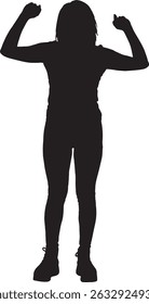 vector; silhouette front view  woman standing with arms raised showing victory