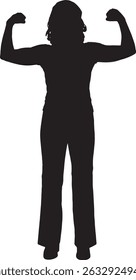vector; silhouette front view  woman standing with arms raised showing strength