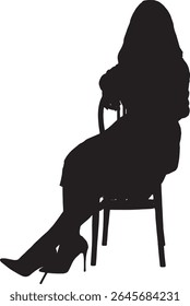 Vetor; silhueta vista frontal de mulher sentada na cadeira e vestida com vestido e sapatos de salto alto