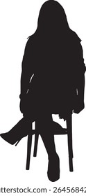 Vector; silhouette front view of woman sitting on chair with high heel shoes,dressed in dress and cross-legged