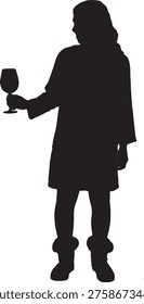 vector, silhouette of Front view of a woman holding a cup of wine