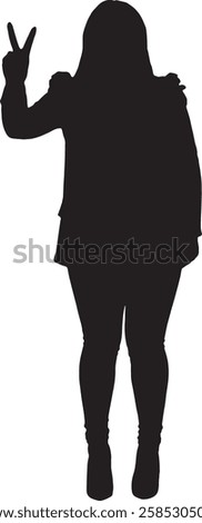 vector; silhouette front view of a woman showing the number two and victory with her fingers