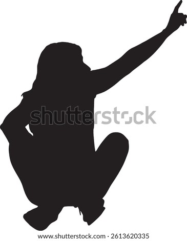 Vector; silhouette front view of a woman sitting on the floor looking and pointing finger up
