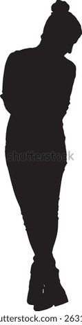  vector; silhouette of a front view of a woman stading and looking down, legs crossed