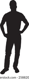 vector; silhouette; front view of a young man looking at camera and arms akimbo