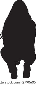 vector, silhouette of   front view of a young girl long-haired sitting on her haunches