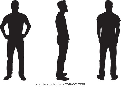 vector; silhouette; front,profile and back view of same man standing