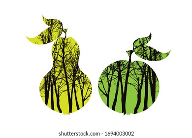 Vektorillustration Silhouette von Früchten mit Bäumen auf Hintergrund. Symbol des Waldes und der Nahrung.