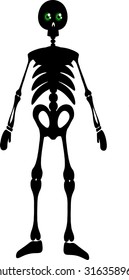 Vector silhouette full length illustration of one drawn black color standing human skeleton with bones and round green eyes as Halloween holiday symbol on white background