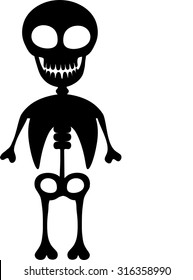 Vector silhouette full length illustration of one drawn black color standing human skeleton with bones smiling mouth teeth and round big eyes as Halloween holiday symbol on white background