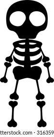 Vector silhouette full length illustration of one drawn black color standing human skeleton with bones and round big eyes as Halloween holiday symbol on white background