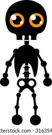 Vector silhouette full length illustration of one drawn black color standing human skeleton with bones and round yellow eyes as Halloween holiday symbol on white background