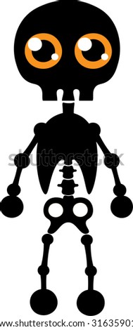 Vector silhouette full length illustration of one drawn black color standing human skeleton with bones and round yellow eyes as Halloween holiday symbol on white background