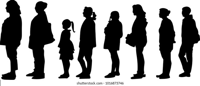 vector silhouette of full length side view of people standing in a row against white background