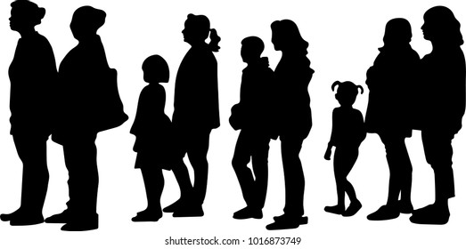 vector silhouette of full length side view of people standing in a row against white background