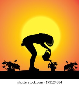 Vector silhouette of a gardener in the garden at sunset.
