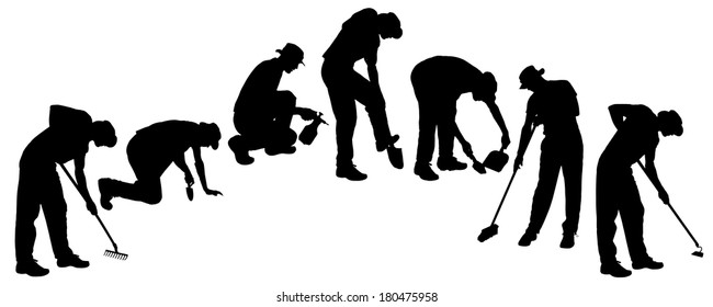 Vector silhouette of a gardener on white background. 