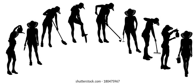 Vector silhouette of a gardener on white background. 