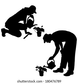 Vector silhouette of a gardener on white background. 