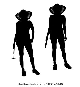 Vector silhouette of a gardener on white background. 