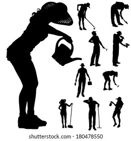 Vector silhouette of a gardener on white background. 