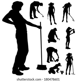 Vector silhouette of a gardener on white background. 