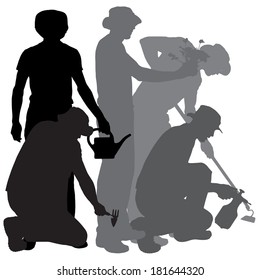 Vector silhouette of a gardener on white background. 