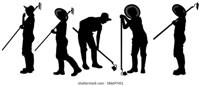 Vector silhouette of a gardener on white background. 