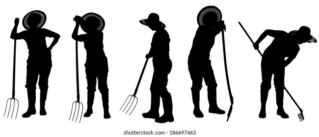 Vector silhouette of a gardener on white background. 