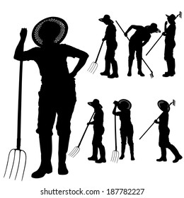 Vector silhouette of a gardener on white background. 