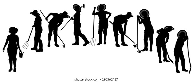 Vector silhouette of a gardener on white background. 