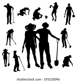 Vector silhouette of a gardener on white background. 