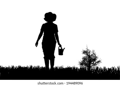Vector silhouette of a gardener on white background. 