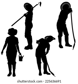 Vector silhouette of a gardener on a white background.