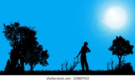 Vector silhouette of a gardener working in the garden.