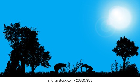 Vector silhouette of a gardener working in the garden.