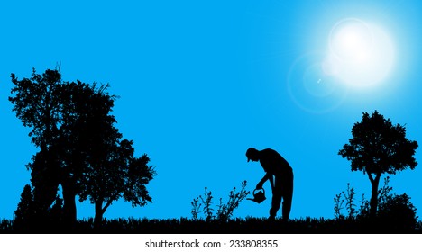 Vector silhouette of a gardener working in the garden.