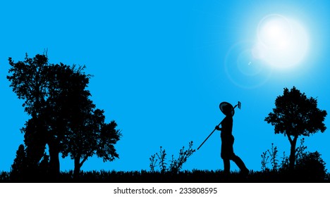 Vector silhouette of a gardener working in the garden.